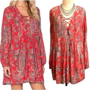 "Free People" Babydoll Flowers lace-up tie front Dress- S